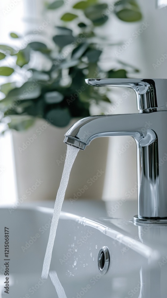 Clean Water Flowing from a Modern Chrome Faucet into a Pristine White Sink Clean Water Flowing from a Modern Chrome Faucet into a Pristine White Sink
