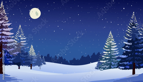Winter landscape with fir trees and mountains at night. Vector illustration.