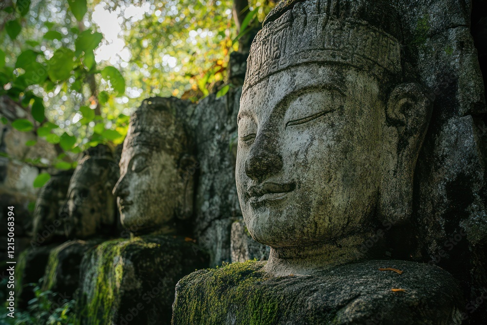 A dense jungle with ancient stone statues covered in moss, where history and nature have become one A dense jungle with ancient stone statues covered in moss, where history and nature have become one