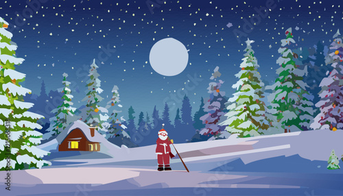 Winter night landscape with fir trees and full moon. Vector illustration.