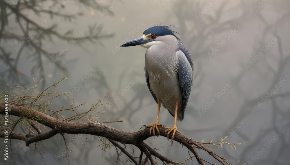 Fototapeta premium Black crowned night heron perched on a branch with its crown feathers spread in front of a misty background, nature, black plumage, bird species