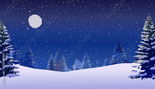 Winter night landscape with fir trees and full moon. Vector illustration.