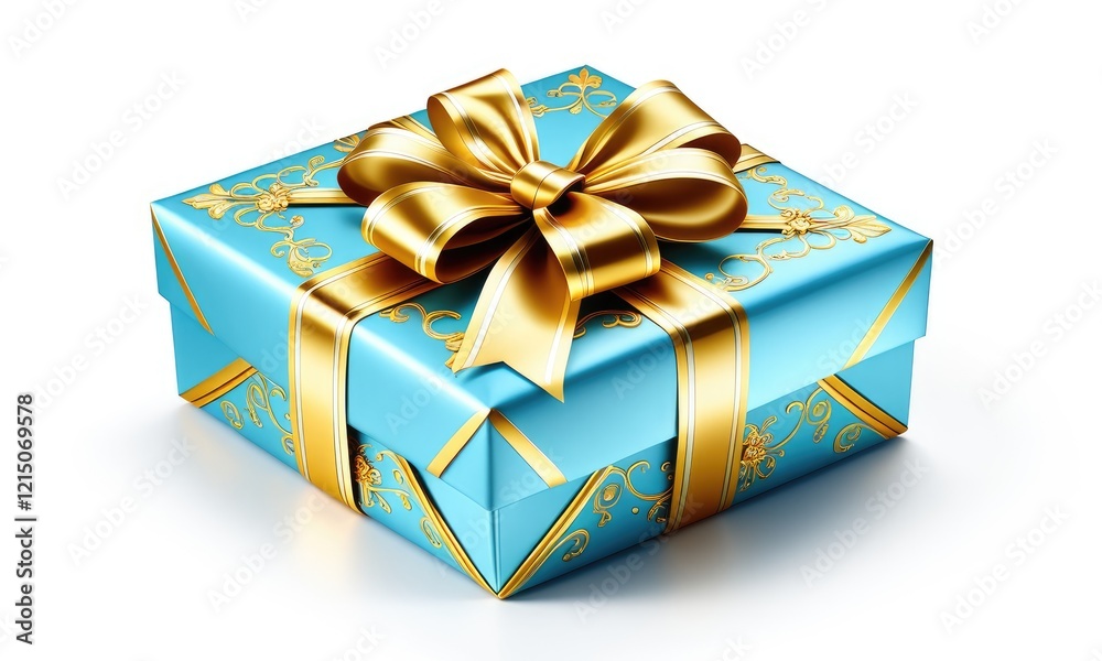 Elegant blue gift box with ornate gold ribbon and bow on white background Elegant blue gift box with ornate gold ribbon and bow on white background