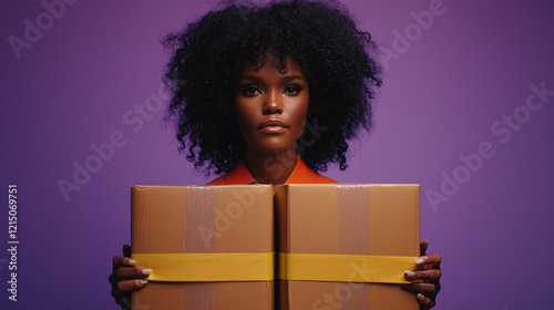 shot of model wrapping tape around boxes, in front of a gradient purple background Model uses tape to seal boxes instead of clothes. Studio theme photoshoot.  photo