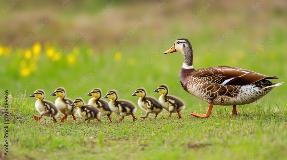 Ducklings Following their Mother through Lush Meadow Ducklings Following their Mother through Lush Meadow