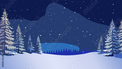 Winter landscape with snow covered fir trees and moon. Vector illustration.