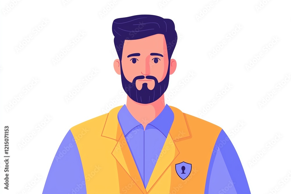 Illustration of a confident man in a security uniform with a shield emblem. Illustration of a confident man in a security uniform with a shield emblem.