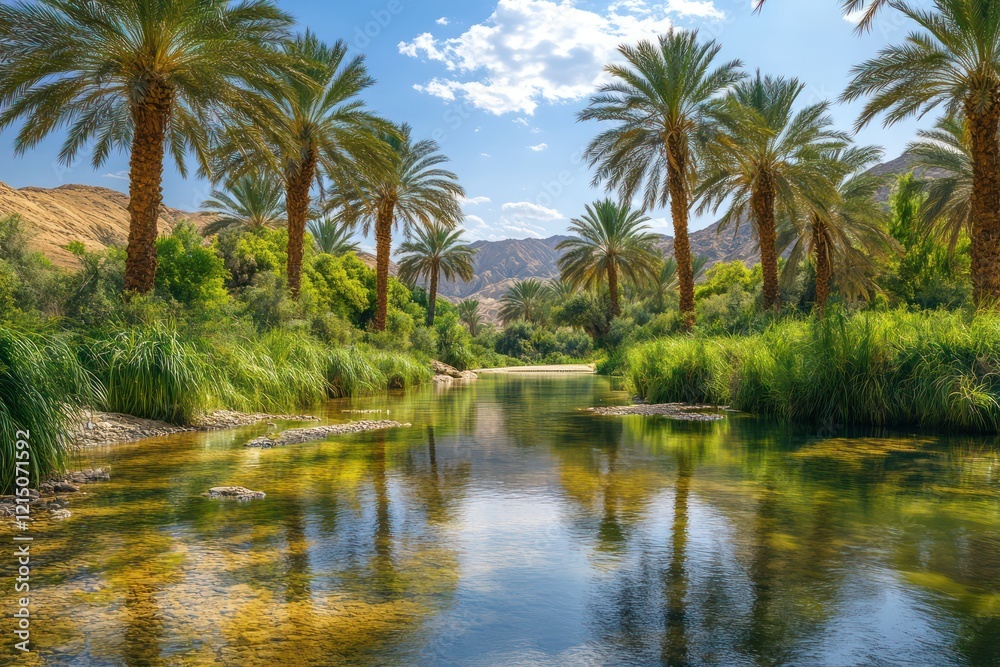 A desert oasis with palm trees, where the clear waters reflect the surrounding greenery, creating a serene and refreshing haven amidst the arid landscape. A desert oasis with palm trees, where the clear waters reflect the surrounding greenery, creating a serene and refreshing haven amidst the arid landscape.