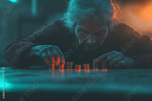 Elderly woman stacking coins in dim lighting, symbolizing poverty
