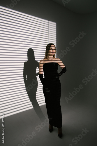 Obraz na płótnie Portrait of a woman in a studio with professional lighting in a smart dress with gloves w salonie