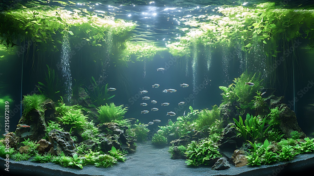 Fototapeta premium Underwater aquarium scene, fish swimming, lush plants, sunlight, nature backdrop, home decor