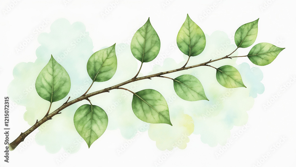 Fototapeta premium Watercolor drawing of a branch with young leaves representing spring mood