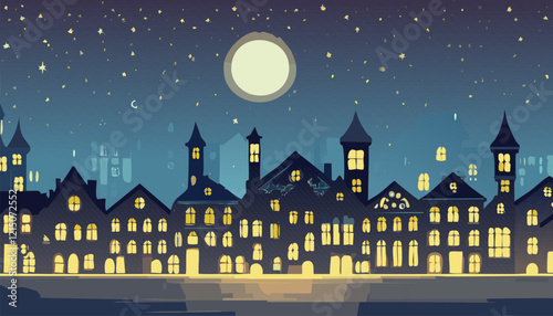 Night cityscape with old houses. Vector illustration in flat style.