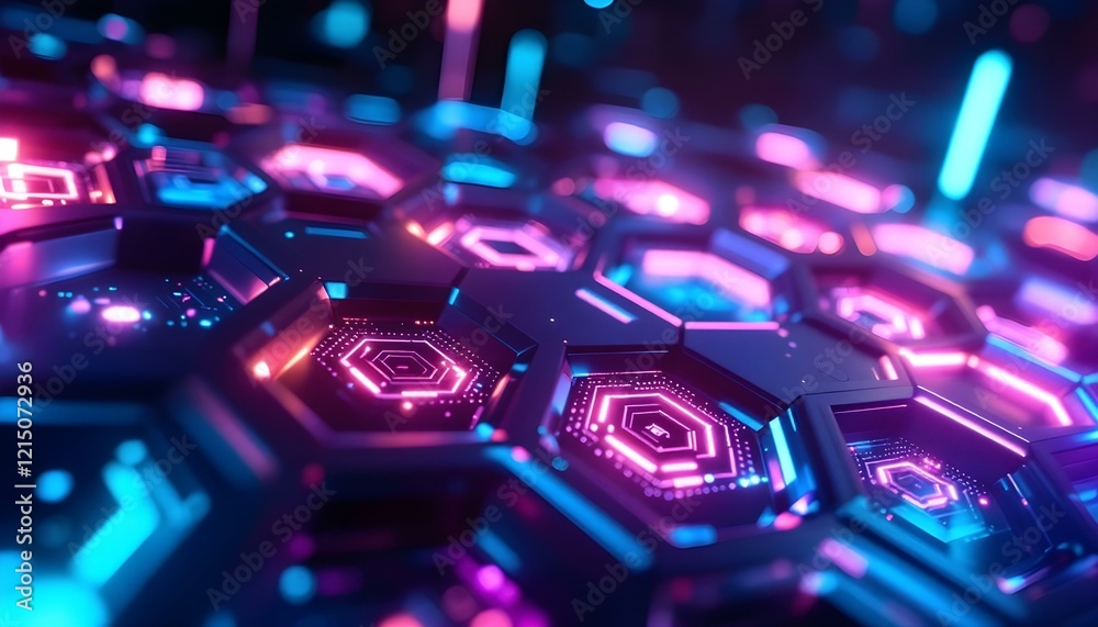 Fototapeta premium Black honeycomb hexagon with blue glowing neon lighting background