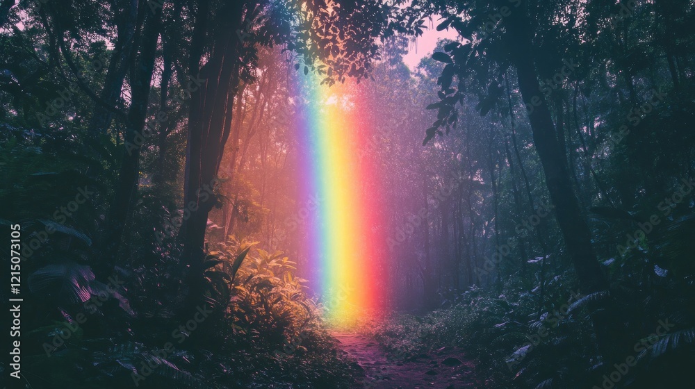 A vibrant rainbow arcing over a dense forest, symbolizing hope for the environment, landscape photography with vivid colors and contrast A vibrant rainbow arcing over a dense forest, symbolizing hope for the environment, landscape photography with vivid colors and contrast