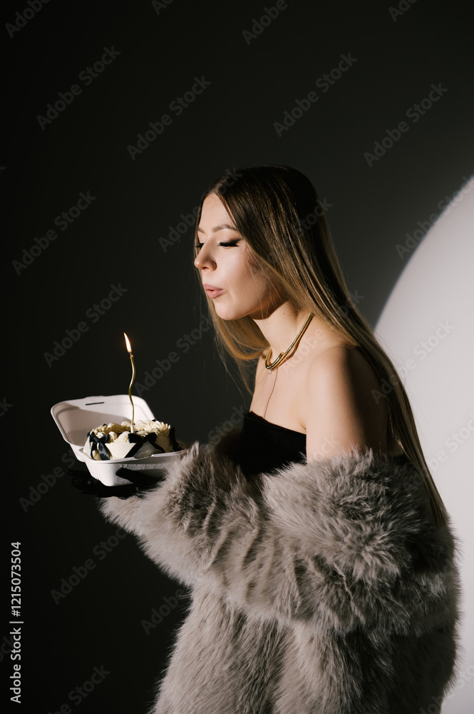 Portrait of a woman in a studio with professional lighting in a smart dress with gloves, in a fur coat with a bento cake on her birthday