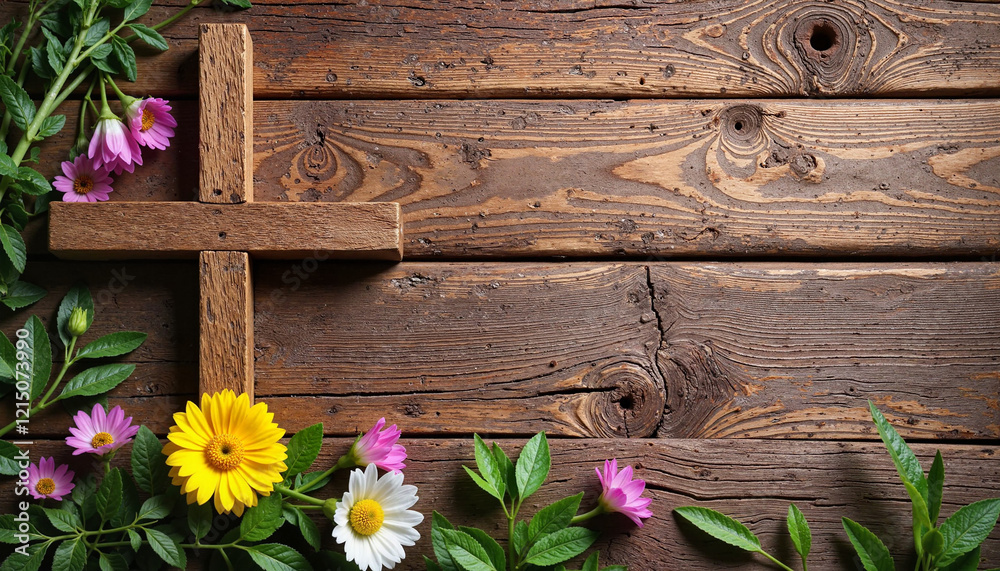 Fototapeta premium Wooden cross surrounded by colorful flowers on a rustic wooden background with copy space