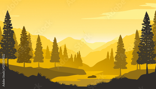 Landscape with coniferous forest and lake at sunset. Vector illustration