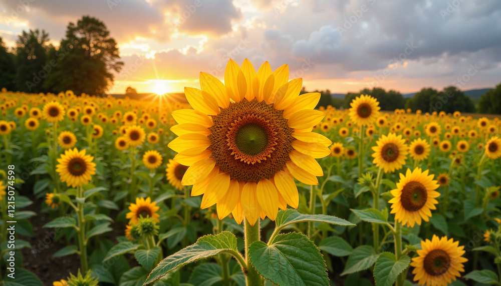 Obraz premium Vibrant sunflower field blooming under sunset sky 
