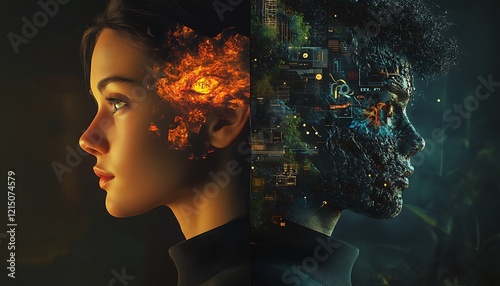 Dual portrait showcasing a serene individual and their chaotic alter ego