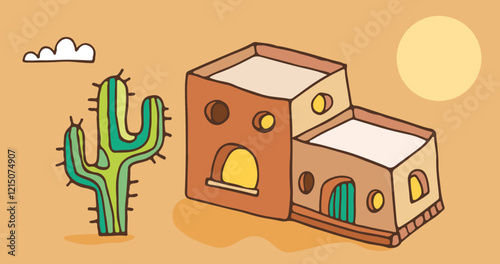 Illustration d'une maison style Adobe dans le désert, construction traditionnelle avec un grand cactus vert dans le jardin, vecteur style croquis pour dessin animé joyeux et coloré