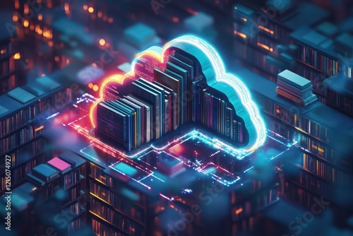 A digital library for hybrid work, with eBooks, documents, and resources floating in a cloud-based environment, symbolizing easy access and organization.