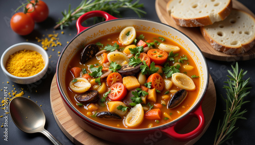 Vibrant bouillabaisse seafood stew in cozy restaurant, culinary delight