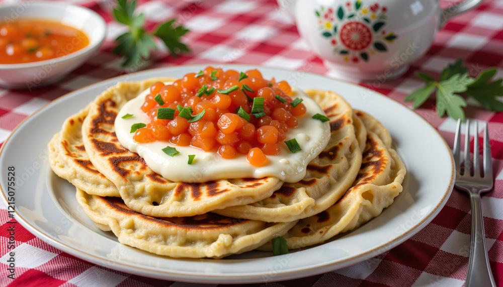 Delicious blini topped with sour cream and caviar, classic Russian cuisine Delicious blini topped with sour cream and caviar, classic Russian cuisine
