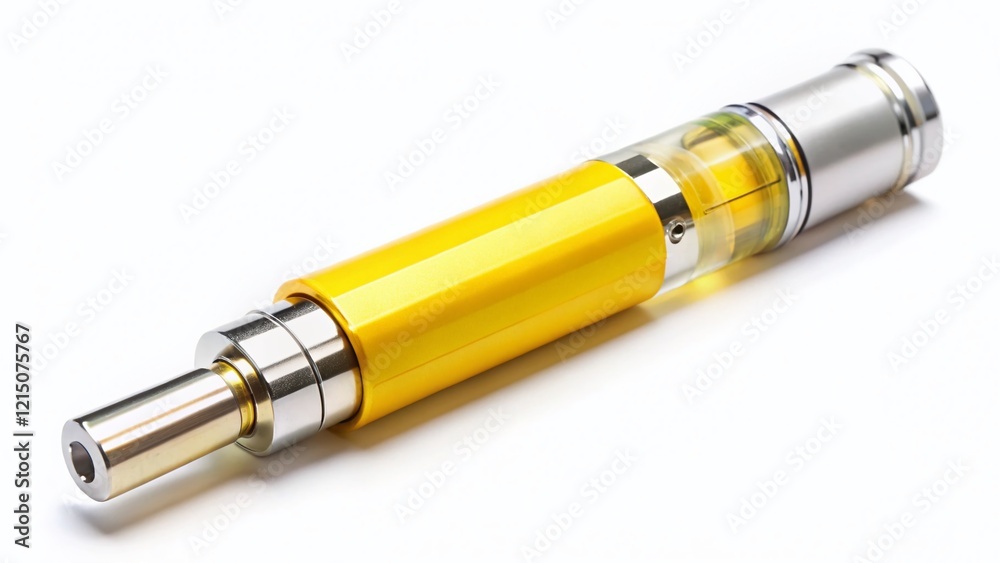 Macro Close-up of Yellow Electronic Cigarette Isolated on White Background