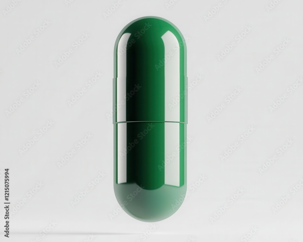 A simple green medicine capsule floating in midair, isolated on a plain white background, futuristic pharmaceutical innovation A simple green medicine capsule floating in midair, isolated on a plain white background, futuristic pharmaceutical innovation
