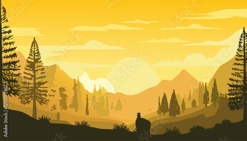 Silhouette of mountains and forest at sunrise. Vector illustration.