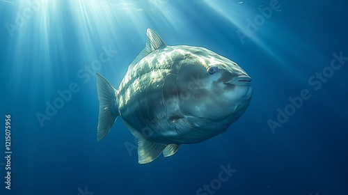 Ocean sunfish swimming gracefully deep blue waters its large rounded body framed by beams of sunlight streaming from above captured with a telephoto underwater lens for serene focus