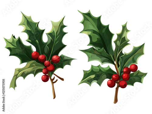Isolated Two Sprigs of Holly with Red Berries
