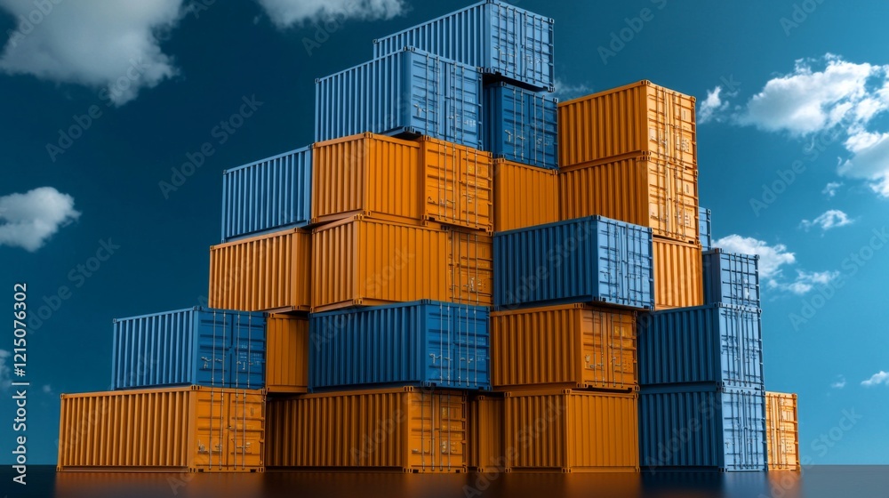 Stacked shipping containers in a vibrant urban landscape under a clear blue sky showcasing industrial logistics Stacked shipping containers in a vibrant urban landscape under a clear blue sky showcasing industrial logistics