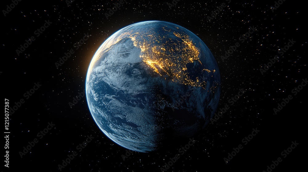 Fototapeta premium A satellite view of Earth at night, highlighting the eastern United States and parts of Central America and the Caribbean.