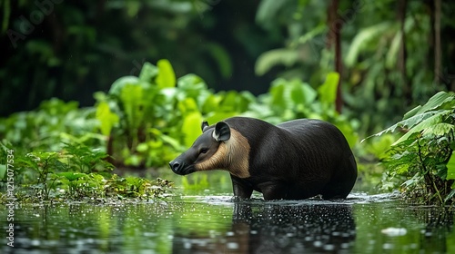 Bairds Tapir Tapirus bairdii phylum Chordata class Mammalia order Perissodactyla family Tapiridae wading through rainforest stream its dark body framed by vibrant foliage photo