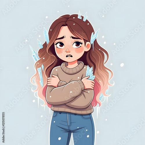 A cartoon woman with long brown and pink wavy hair is shivering with ice crystals forming on her, looking cold against a light blue snowy background. photo