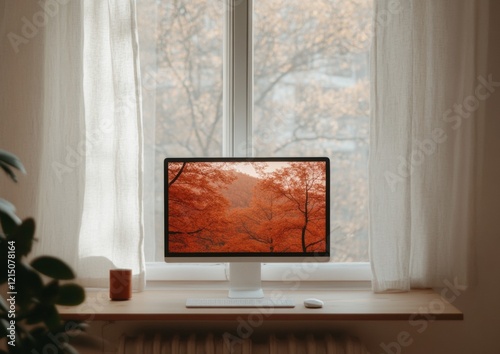 Warm Rustic Workspace Digital Nomads Second Monitor with Natural Wood Texture - Remote Productivity and Flexible Office Environment for Modern Professionals photo