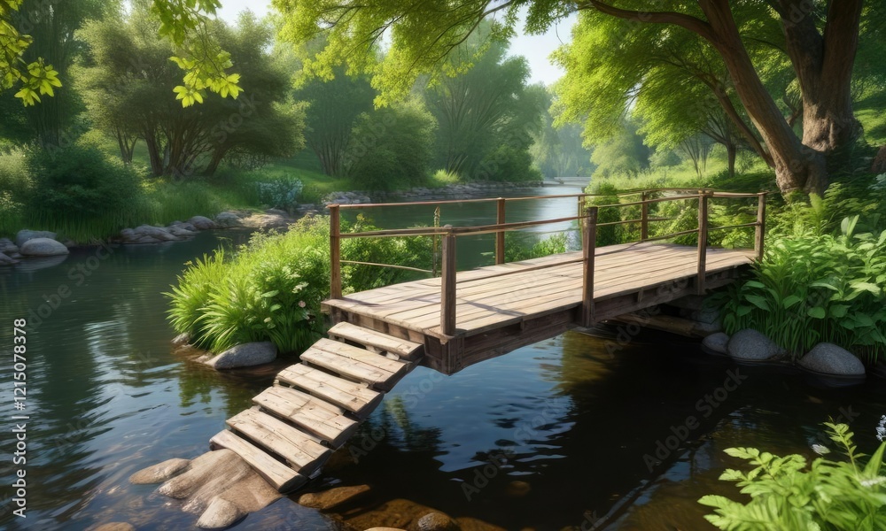 Bridge with a small wooden dock and lush greenery passing over the river in the spring season , scenery, landscape Bridge with a small wooden dock and lush greenery passing over the river in the spring season , scenery, landscape