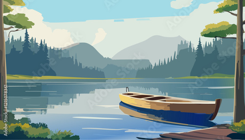 Vector illustration of a fishing boat on the lake in the forest.
