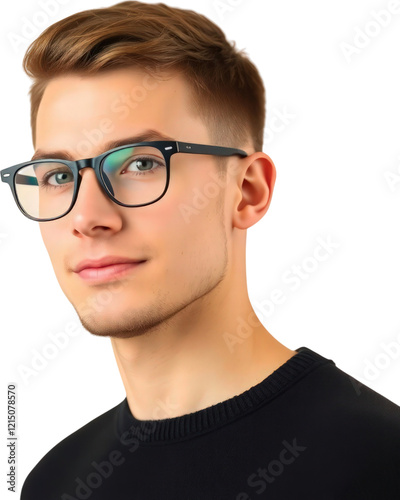 Young German man with eyeglasses wearing a black sweater isolated on transparent background