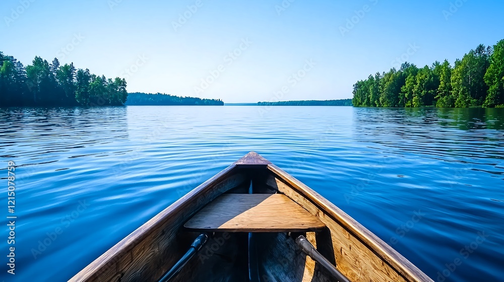 Serene View from a Rowboat on Calm Lake Surrounded by Greenery Serene View from a Rowboat on Calm Lake Surrounded by Greenery