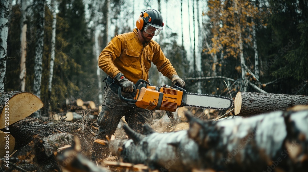 A vivid capture of a forestry worker with a chainsaw, surrounded by felled trees and forestry equipment, Logging operation scene