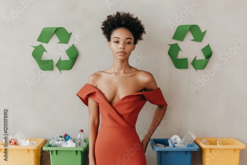 Chic Eco-Conscious Living Young Black Woman in Colorful Kitchen with Recycling Bins - Sustainable Urban Home Decor and Responsible Consumer Engagement photo