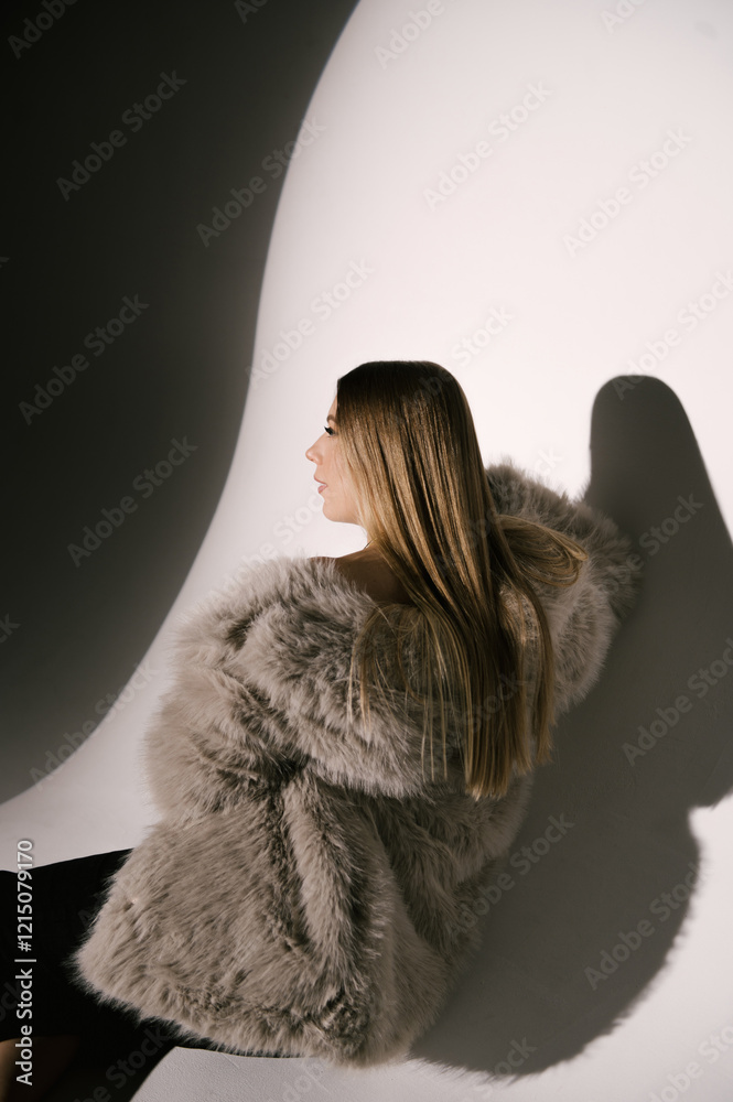 Portrait of a woman in a studio with professional lighting in a smart dress with gloves and a fur coat