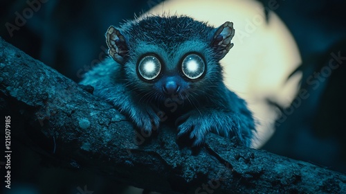 Bengal Slow Loris Nycticebus bengalensis phylum Chordata class Mammalia order Primates family Lorisidae clinging a tree branch under moonlight its large reflective eyes glowing softly photo