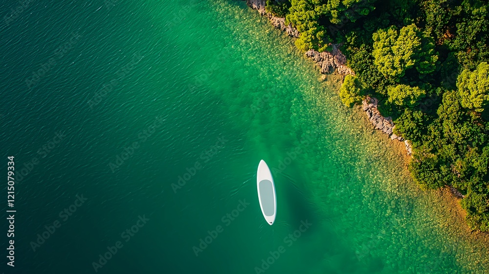Obraz premium Aerial View of Isolated Boat on Serene Turquoise Water Surrounding Forest
