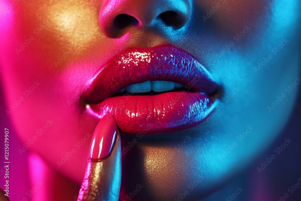 Obraz premium Glossy crimson lips pressing against matching nail-polished fingertip, dramatic neon illumination highlighting sensual beauty and color contrast