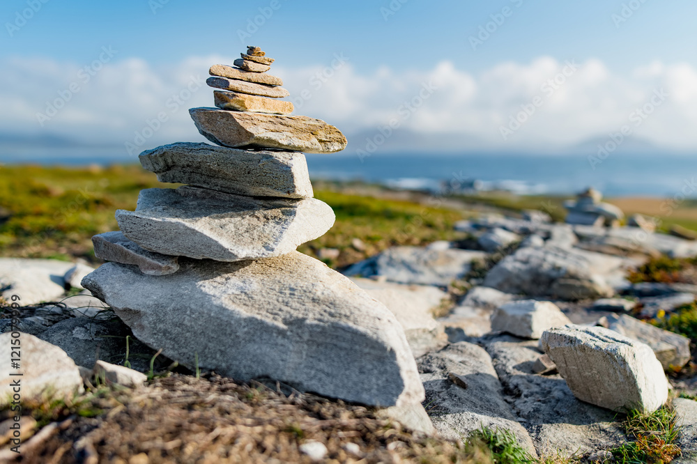 Stones stacks at Malin Head, Ireland's northernmost point, Wild Atlantic Way, coastal route. Wonders of nature. Numerous Discovery Points. Co. Donegal Stones stacks at Malin Head, Ireland's northernmost point, Wild Atlantic Way, coastal route. Wonders of nature. Numerous Discovery Points. Co. Donegal