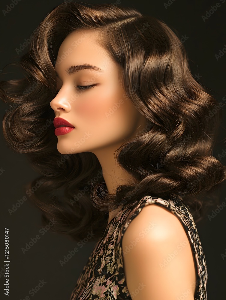 Naklejka premium Sultry Glamorous Woman with Voluminous Bouncy Curls and Glossy Makeup in Dark Studio Setting